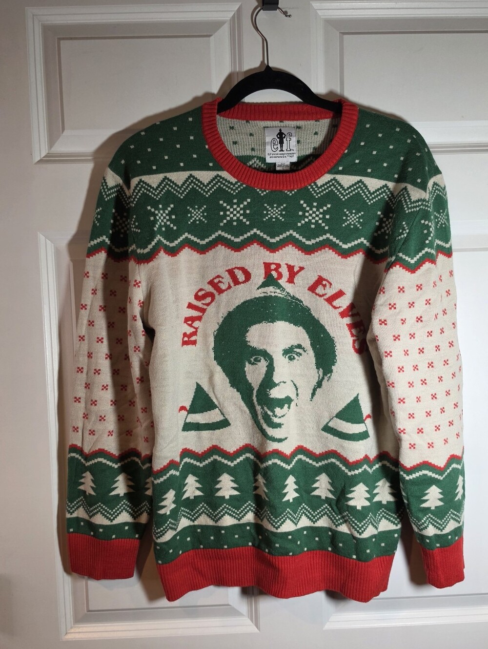 Elf Movie 'Raised by Elves' Green & Cream Holiday Sweater - Elf Brand Acrylic L